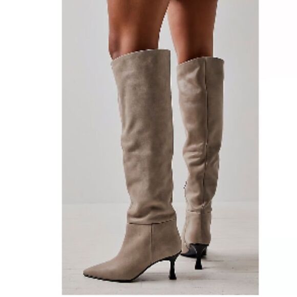 Free People Rocky Slouch Knee High Leather Boots Nickel Gray Taupe Size 7.5 NIB - Picture 4 of 13